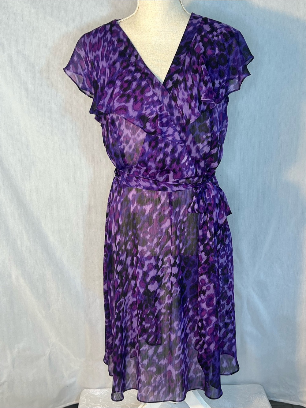 MSK Dress Purple Print Very Shear Chiffon Cap Sleeves Faux Ruffle Wrap Belt S 👍
